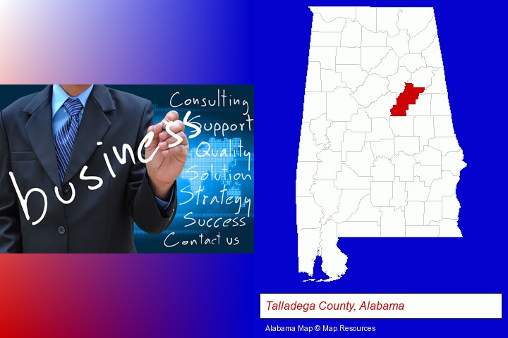 typical business services and concepts; Talladega County, Alabama highlighted in red on a map