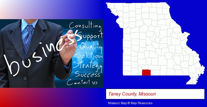 typical business services and concepts; Taney County, Missouri highlighted in red on a map