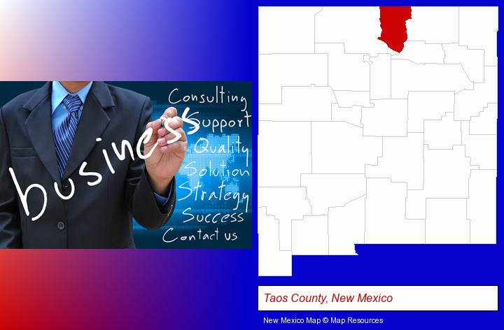 typical business services and concepts; Taos County, New Mexico highlighted in red on a map