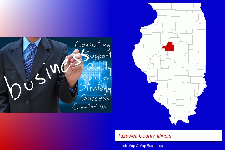 typical business services and concepts; Tazewell County, Illinois highlighted in red on a map