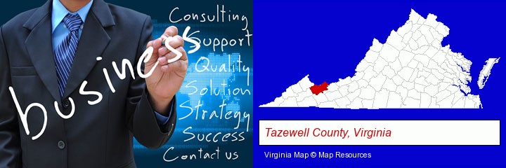 typical business services and concepts; Tazewell County, Virginia highlighted in red on a map