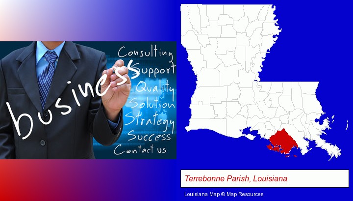 typical business services and concepts; Terrebonne Parish, Louisiana highlighted in red on a map