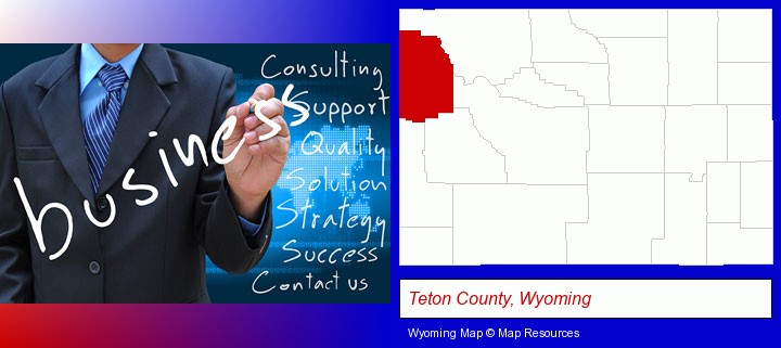 typical business services and concepts; Teton County, Wyoming highlighted in red on a map