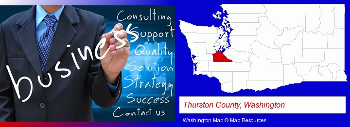 typical business services and concepts; Thurston County, Washington highlighted in red on a map