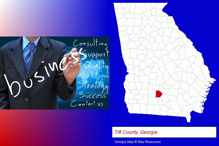typical business services and concepts; Tift County, Georgia highlighted in red on a map