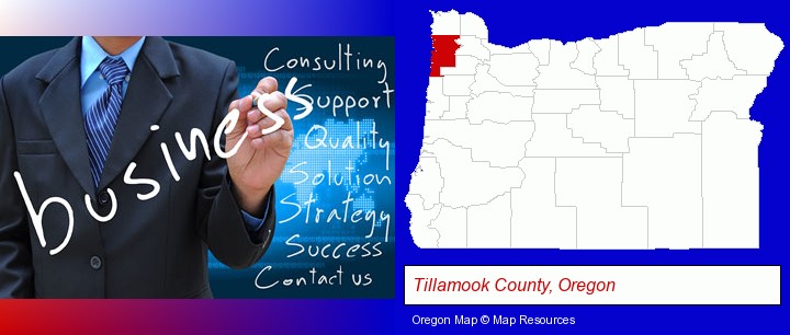 typical business services and concepts; Tillamook County, Oregon highlighted in red on a map