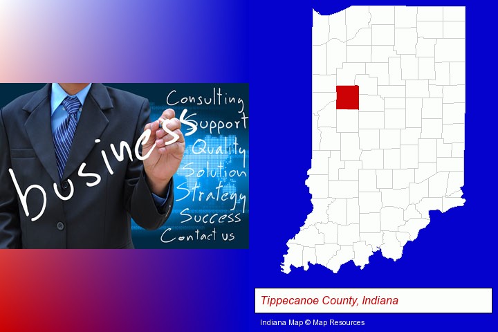 typical business services and concepts; Tippecanoe County, Indiana highlighted in red on a map
