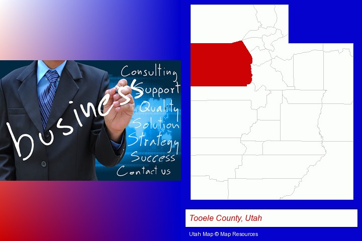typical business services and concepts; Tooele County, Utah highlighted in red on a map