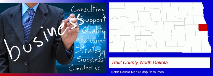 typical business services and concepts; Traill County, North Dakota highlighted in red on a map