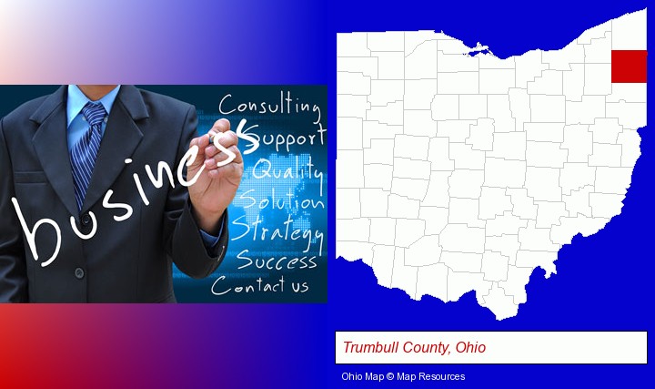 typical business services and concepts; Trumbull County, Ohio highlighted in red on a map