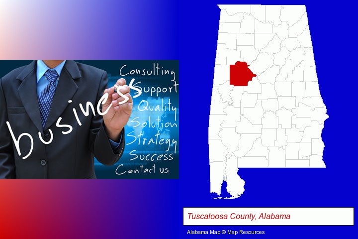 typical business services and concepts; Tuscaloosa County, Alabama highlighted in red on a map
