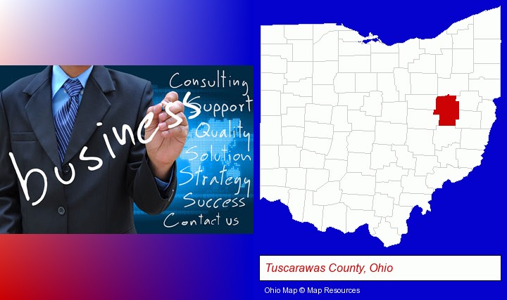 typical business services and concepts; Tuscarawas County, Ohio highlighted in red on a map