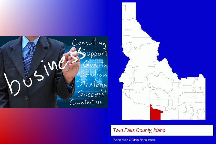 typical business services and concepts; Twin Falls County, Idaho highlighted in red on a map