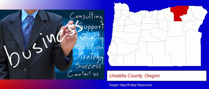 typical business services and concepts; Umatilla County, Oregon highlighted in red on a map