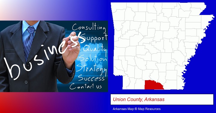 typical business services and concepts; Union County, Arkansas highlighted in red on a map