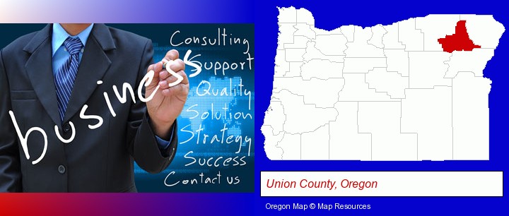 typical business services and concepts; Union County, Oregon highlighted in red on a map