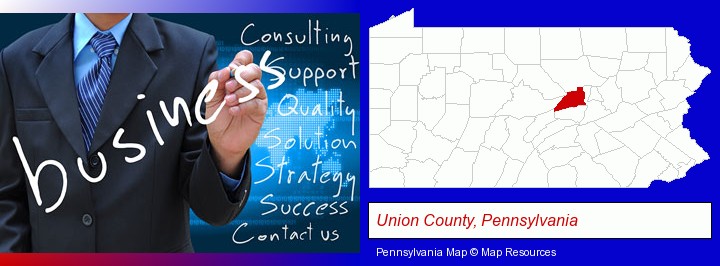 typical business services and concepts; Union County, Pennsylvania highlighted in red on a map