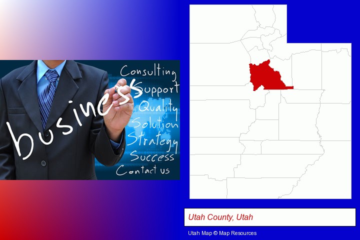 typical business services and concepts; Utah County, Utah highlighted in red on a map