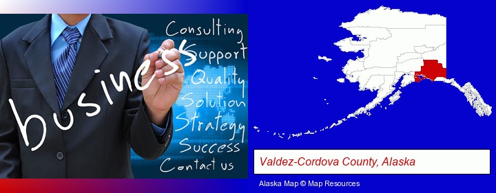 typical business services and concepts; Valdez-Cordova County, Alaska highlighted in red on a map
