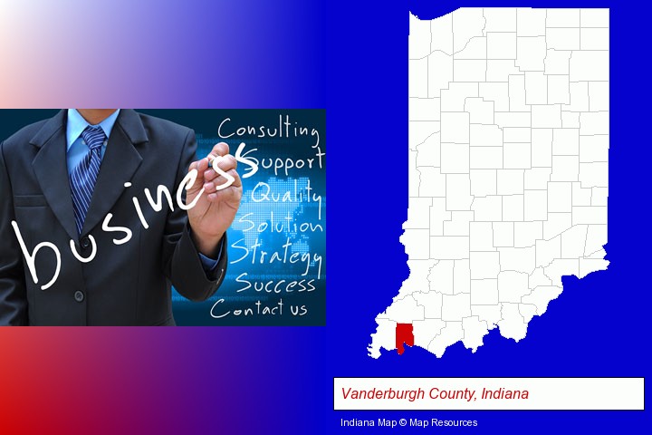typical business services and concepts; Vanderburgh County, Indiana highlighted in red on a map