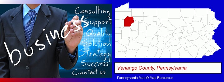 typical business services and concepts; Venango County, Pennsylvania highlighted in red on a map