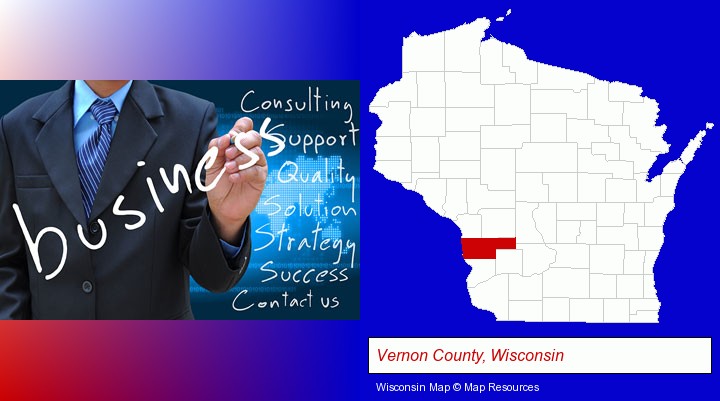 typical business services and concepts; Vernon County, Wisconsin highlighted in red on a map