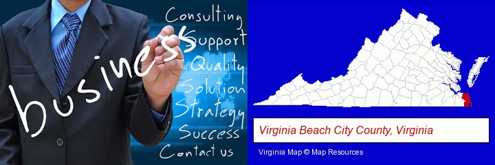 typical business services and concepts; Virginia Beach City County, Virginia highlighted in red on a map