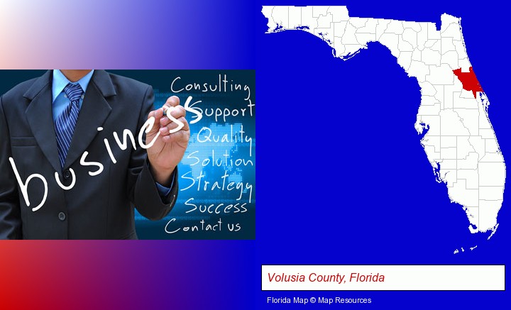 typical business services and concepts; Volusia County, Florida highlighted in red on a map