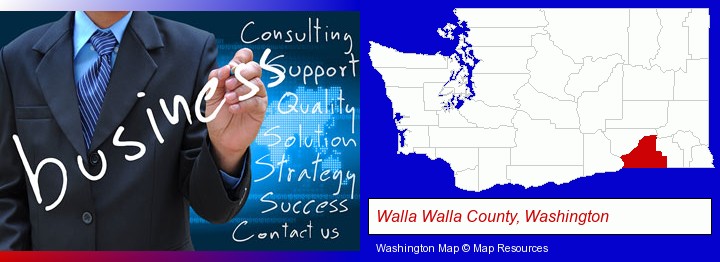 typical business services and concepts; Walla Walla County, Washington highlighted in red on a map
