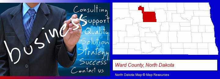 typical business services and concepts; Ward County, North Dakota highlighted in red on a map