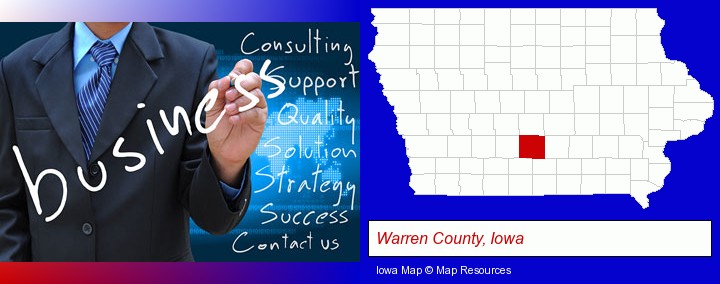 typical business services and concepts; Warren County, Iowa highlighted in red on a map