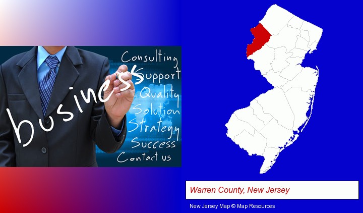 typical business services and concepts; Warren County, New Jersey highlighted in red on a map