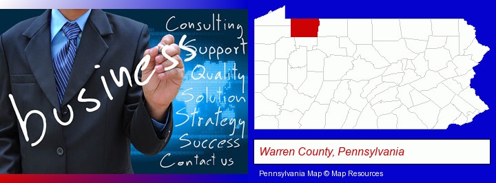 typical business services and concepts; Warren County, Pennsylvania highlighted in red on a map