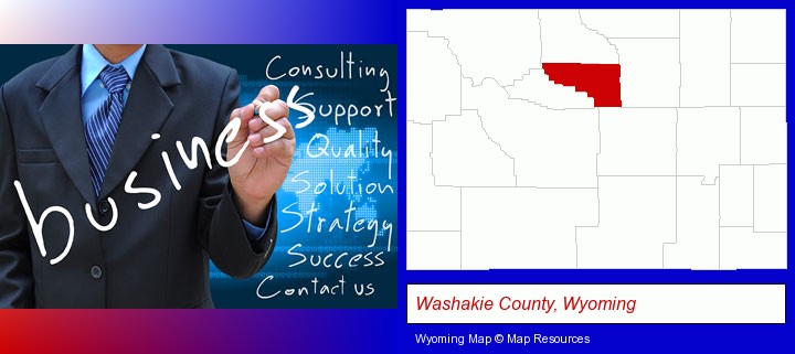 typical business services and concepts; Washakie County, Wyoming highlighted in red on a map