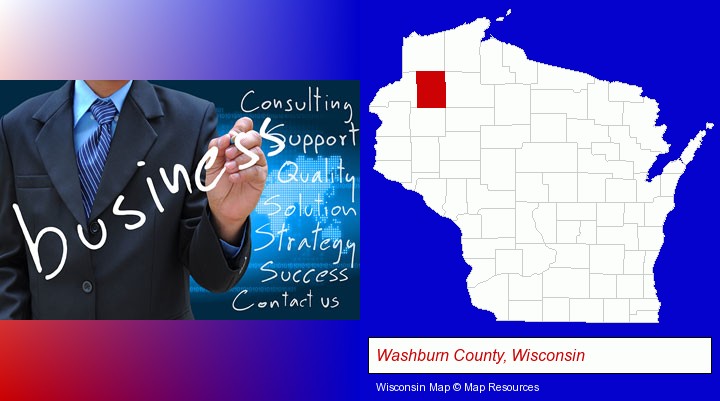 typical business services and concepts; Washburn County, Wisconsin highlighted in red on a map