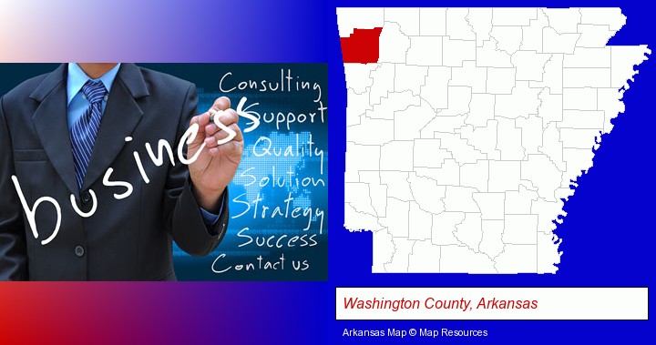 typical business services and concepts; Washington County, Arkansas highlighted in red on a map