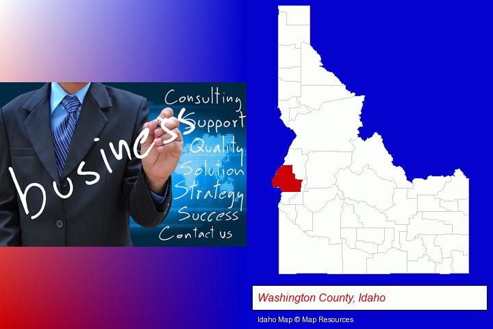 typical business services and concepts; Washington County, Idaho highlighted in red on a map