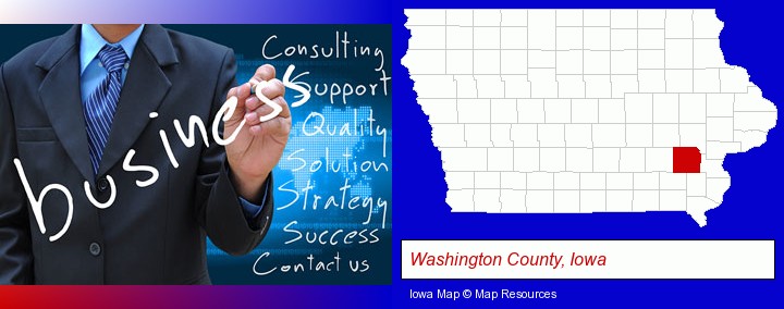 typical business services and concepts; Washington County, Iowa highlighted in red on a map