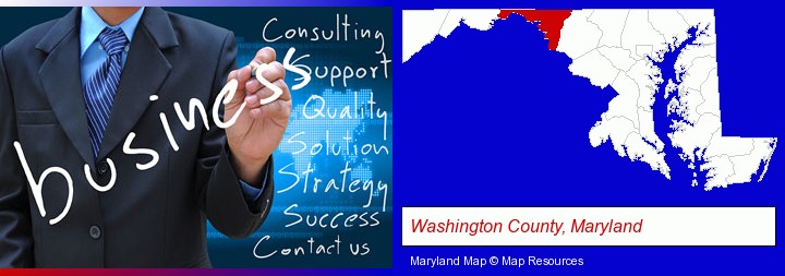 typical business services and concepts; Washington County, Maryland highlighted in red on a map