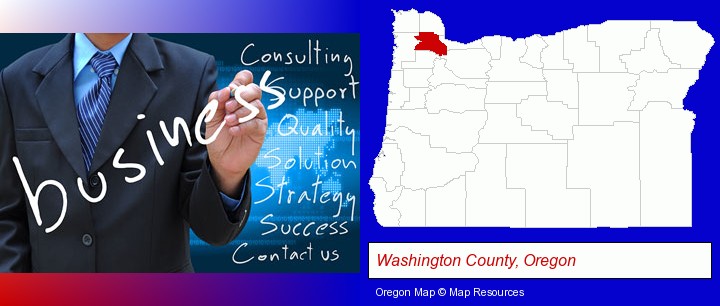 typical business services and concepts; Washington County, Oregon highlighted in red on a map