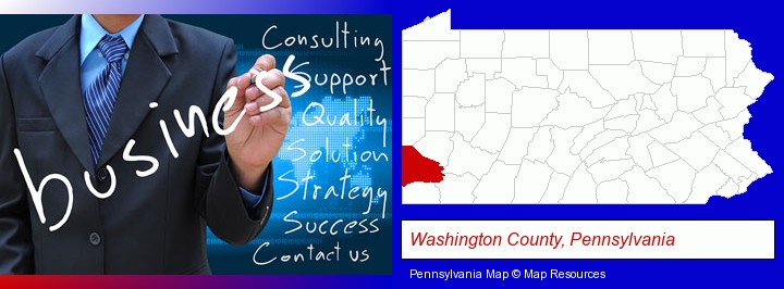 typical business services and concepts; Washington County, Pennsylvania highlighted in red on a map