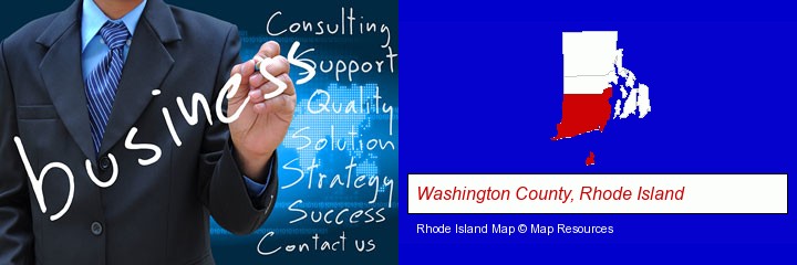 typical business services and concepts; Washington County, Rhode Island highlighted in red on a map