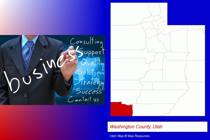 typical business services and concepts; Washington County, Utah highlighted in red on a map
