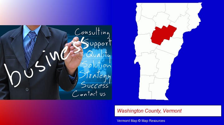 typical business services and concepts; Washington County, Vermont highlighted in red on a map