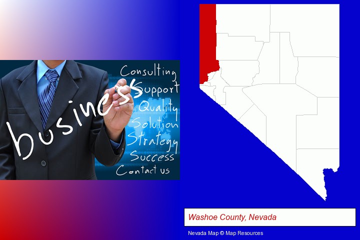 typical business services and concepts; Washoe County, Nevada highlighted in red on a map