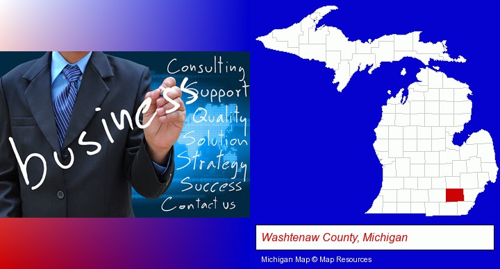 typical business services and concepts; Washtenaw County, Michigan highlighted in red on a map