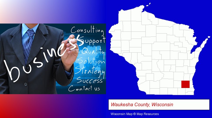 typical business services and concepts; Waukesha County, Wisconsin highlighted in red on a map