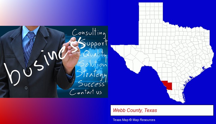 typical business services and concepts; Webb County, Texas highlighted in red on a map