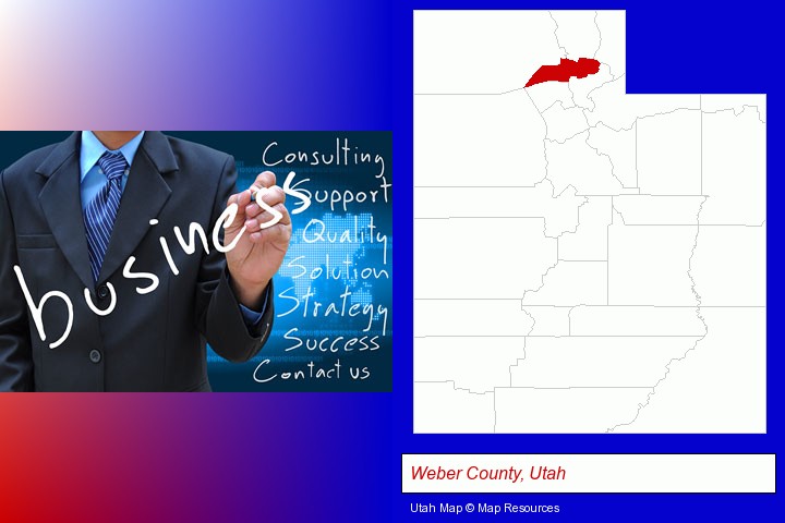 typical business services and concepts; Weber County, Utah highlighted in red on a map