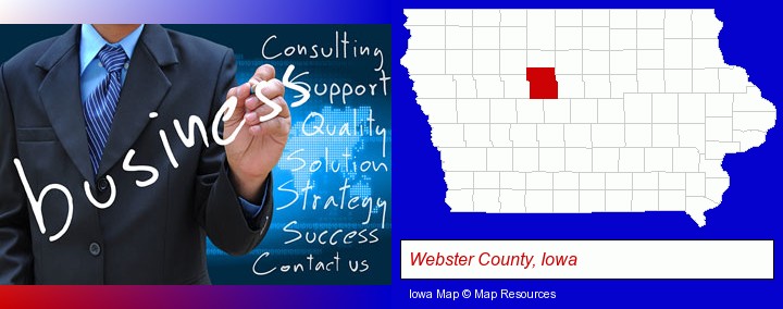 typical business services and concepts; Webster County, Iowa highlighted in red on a map